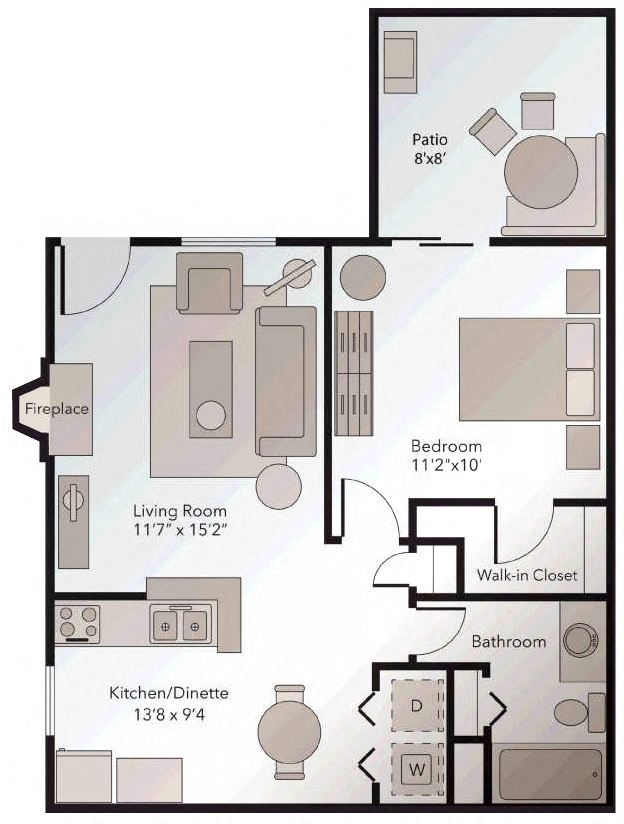 Floor plan for 1 bed, 1 bath, 600 sqft